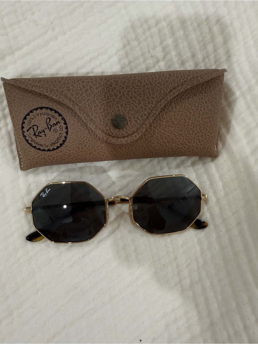 Ray-Ban Gold Octagonal Frame Sunglasses with Black Lenses
